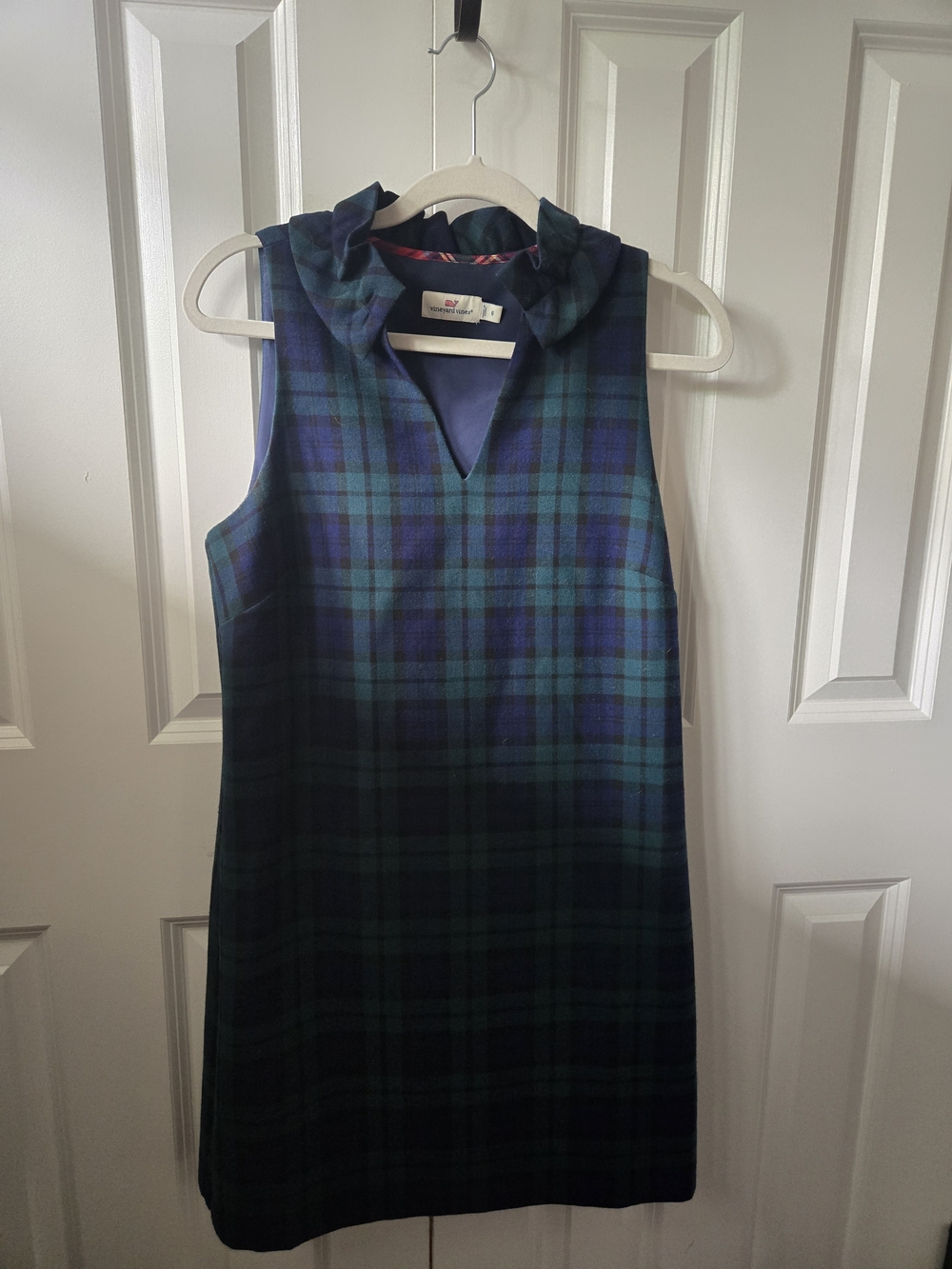 Vineyard Vines Black Watch Plaid Ruffle Neck Shift Dress